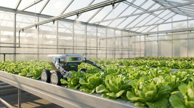 Agricultural Robot Inspecting Lettuce in Modern Greenhouse