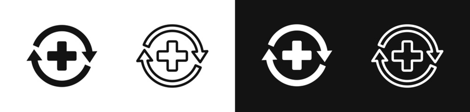 Medical plus sign with recycling rotation arrows icon set
