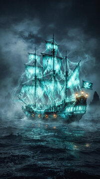 Barco pirata fantasma navegando en un mar tormentoso bajo la luna llena. Velas desgarradas con calaveras brillantes. Brillo verde azulado fantasmag&oacute;rico.