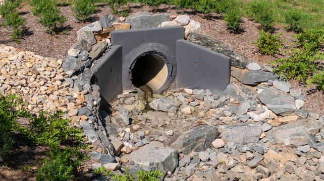 Concrete Culvert Pipe Headwall And Riprap Stormwater Drainage Outfall