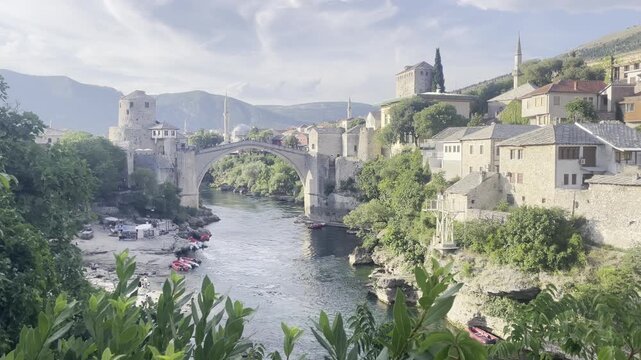 High Angle View Stari Most Old Bridge Neretva River Landscape Mostar Bosnia