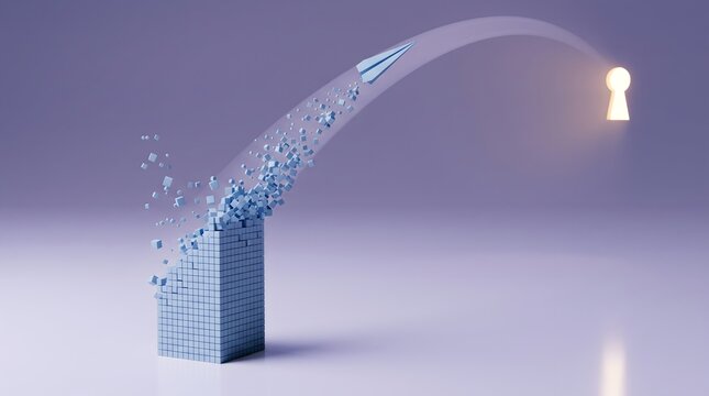 Breakthrough to Opportunity: A stylized rocket launches from a crumbling building, soaring on a parabolic arc towards a glowing keyhole, symbolizing innovation and finding new solutions.