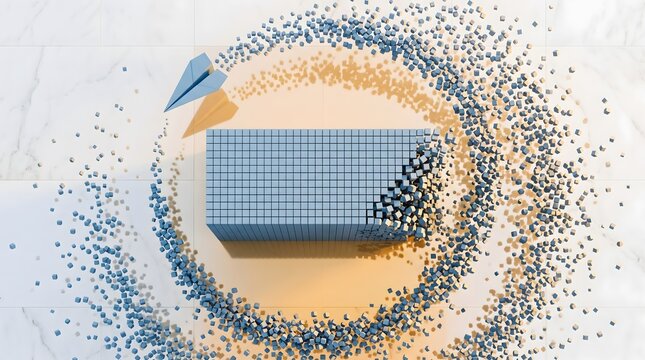 Paper Plane and Pixelated Rectangle: A paper plane circles a disintegrating rectangular object made of pixels, symbolizing innovation, disruption, and transformation.