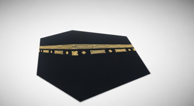 Minimalist black hexagonal geometric illustration of the Kaaba in Mecca featuring gold Arabic calligraphy and Kiswah embroidery details isolated on a light gray background.
