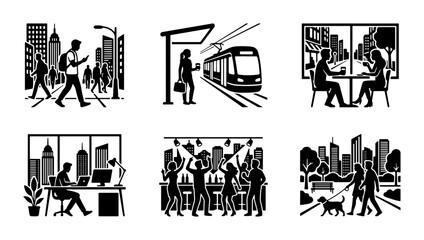 Fototapeta premium Urban Lifestyle Icons: City Scenes, People, Transit, Office, Nightlife, Park