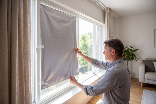 Man installing reflective window shade for summer heat control