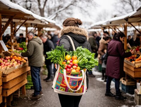 Market scene features fresh vegetables in colorful tote. Background includes vendors selling fruits and shoppers browsing. Bright colors create lively atmosphere