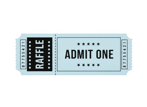 A single light blue raffle ticket with black text for admit one entry to a fun event or cinema show design
