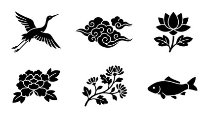Fototapeta premium Traditional Asian Icons: Crane, Lotus, Peony, Chrysanthemum, Fish, Clouds Vector Set