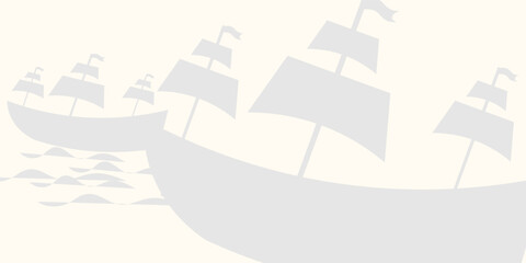 Fototapeta premium Minimalist off-white vector background layout with sailing ship and ocean waves for nautical web banner