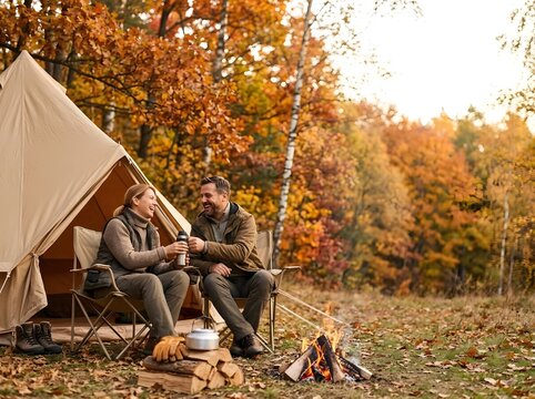 Happy couple laughing while sitting in chairs outside a canvas bell tent at an autumn campsite. A small campfire burns in the foreground against a backdrop of colorful fall forest trees.