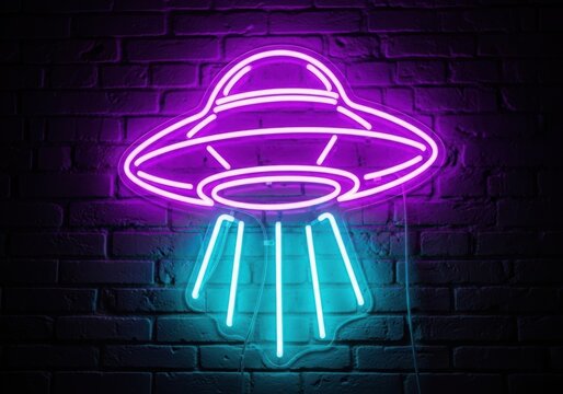 Futuristic neon ufo with glowing light beams
