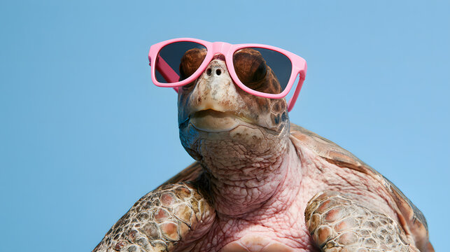 Funny turtle with pink sunglasses isolated on blue studio background
