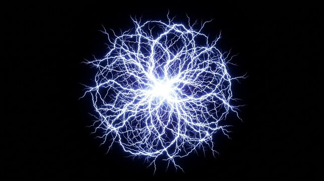 Spherical electrical plasma discharge resembling a lightning ball with electric discharge lightning sphere high voltage science experiment glowing orb black background energy field static elect