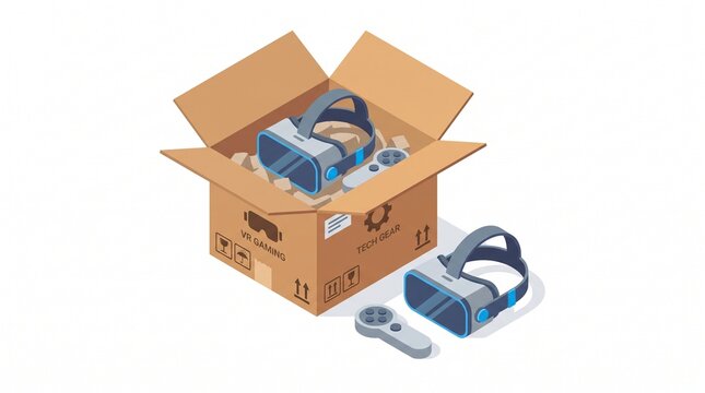 Isometric illustration of an open cardboard box with a VR headset
