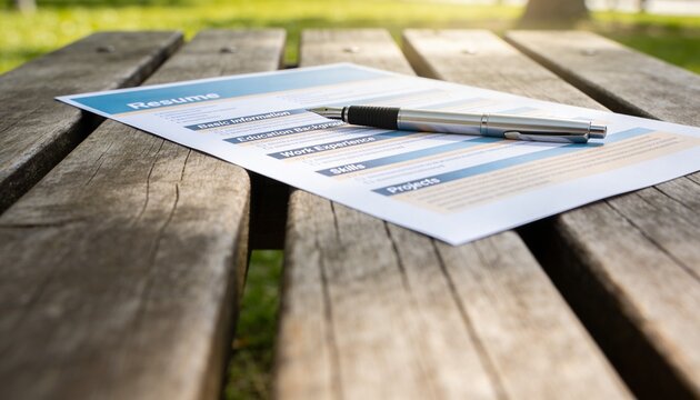 Close up of a resume document with a pen on a wooden table outdoors. Job application and career search concept. Selective focus on curriculum vitae in a park