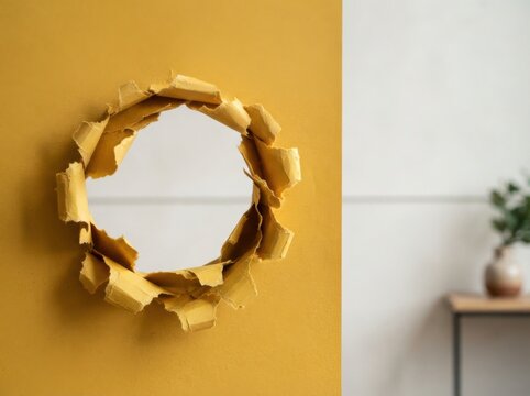 Circular hole in yellow wall with torn paper