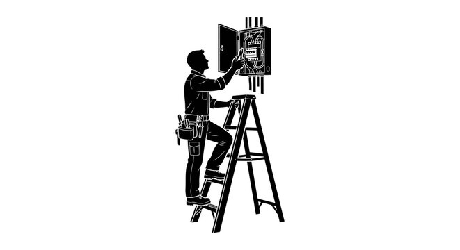 Electrician working on electrical panel with ladder black silhouette on white background