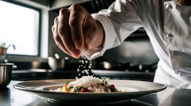 Pro chef hand sprinkles coarse salt crystals over gourmet meal. Close up shot of seasoning prepared food in restaurant kitchen. Culinary expert adds flavor to delicious dish using manual skill on