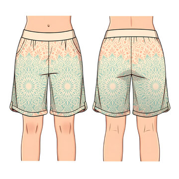 Woman Wearing Mandala Pattern Beach Shorts Front and Back View Flat Vector Fashion Illustration
