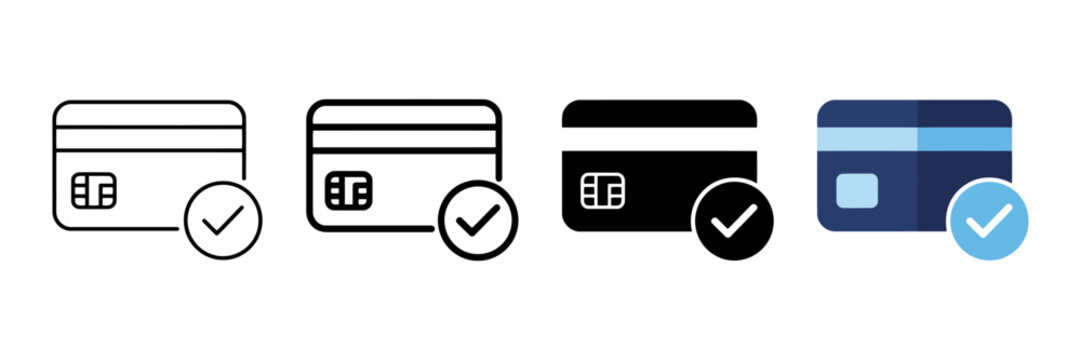 Credit card payment icons with checkmark, secure transaction symbols in 4 styles, banking and e-commerce vector set