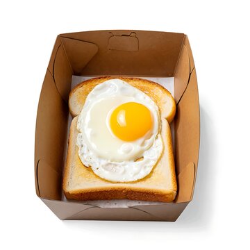 Single fried egg on a slice of toasted bread inside a brown cardboard takeout box