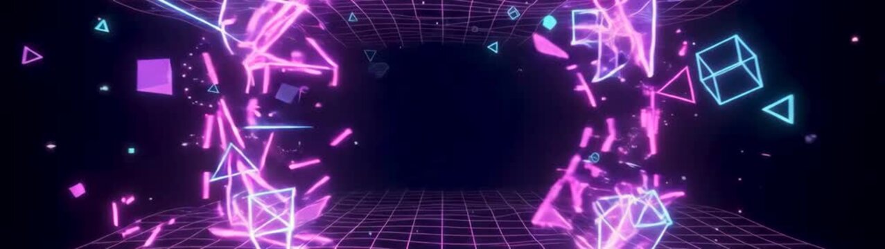 Cyberpunk digital space and neon geometry abstract motion background with glowing wireframe grid and floating polyhedrons in deep space.