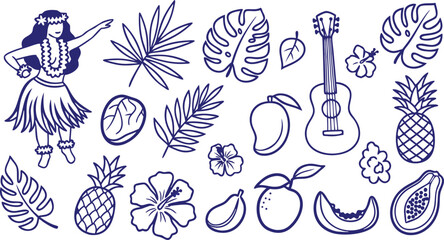 Hand drawn doodle set of tropical elements including a hula dancer ukulele exotic fruits and lush palm tree leaves © Forest Gold