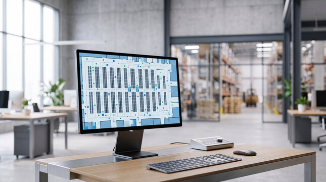 Warehouse office workspace with monitor displaying warehouse layout and logistics planning