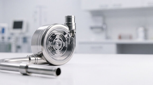 Stainless steel centrifugal pump component with impeller on white clinical counter