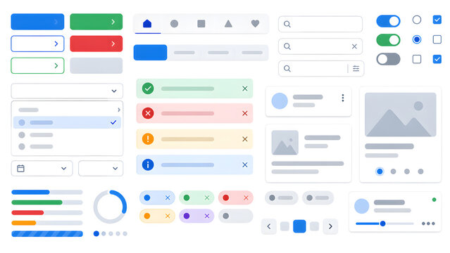 Clean Web Design Interface Element Collection with Buttons Search Bars Toggles Dropdowns Badges and Charts