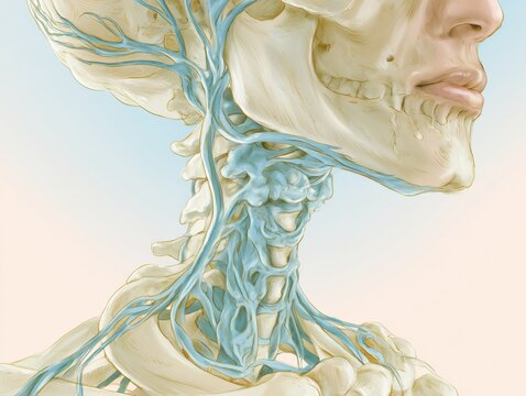 Illustration shows a detailed view of bones and nerves affected by hypoparathyroidism and calcium regulation failure.