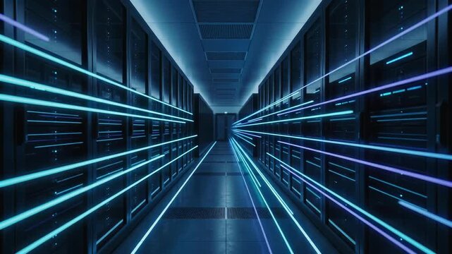 Dynamic Neon Light Trails Through Server Racks for High Speed Data Flow