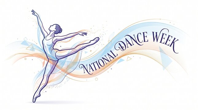 National Dance Week Solitary Dancer Creating Music Flowing Waves Particles Geometric Rhythm Typography Vector Illustration