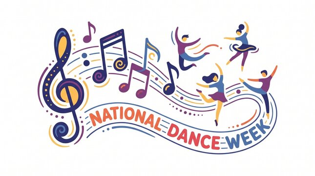 National Dance Week Musical Notes Transforming into Dancing Figures Rhythm Lines Typography Vector Illustration