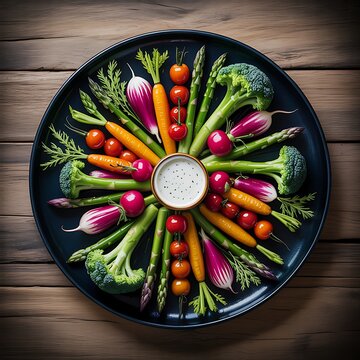 Fresh raw vegetable platter with various colorful organic vegetables and a central creamy dip on a rustic wooden table