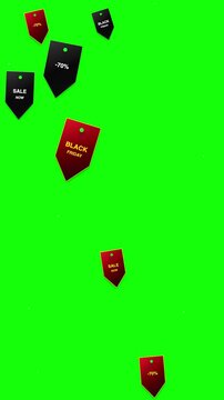 Black Friday sale tags floating on green screen background chroma key animation