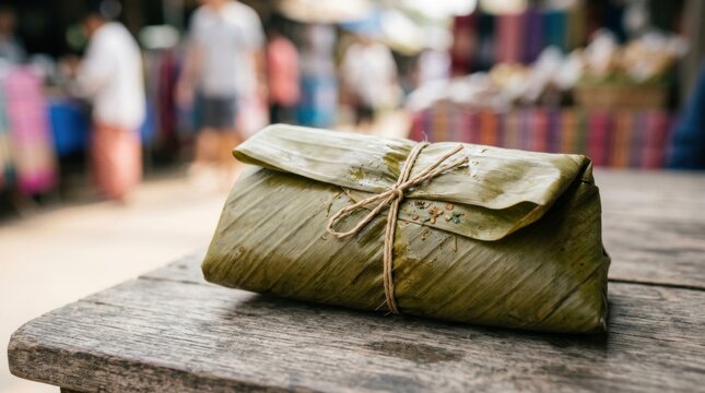 Fresh banana leaf wrapped food parcel tied with twine resting on worn rustic wooden surface at bustling outdoor street market.