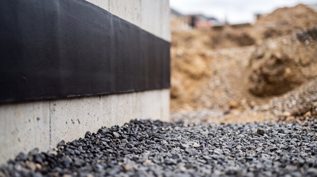 Concrete foundation wall with waterproofing membrane and gravel drainage at construction site