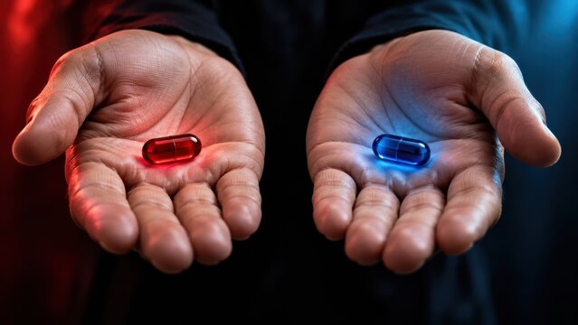 A close up of two open hands holding a red pill and a blue pill for choice concept.