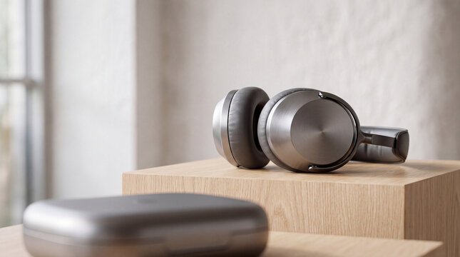 Premium wireless over-ear headphones on wooden pedestal with carrying case in minimal studio setting