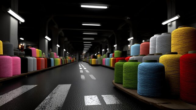 Interior view of a textile factory with large spools of colorful threads