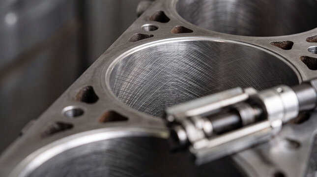 Engine cylinder honing close-up on automotive engine block during precision machining and repair
