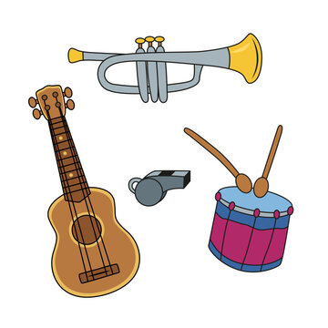 Set of traditional carnival musical instruments with small guitar, trumpet, drum and whistle isolated on white background. Hand drawn vector clip art