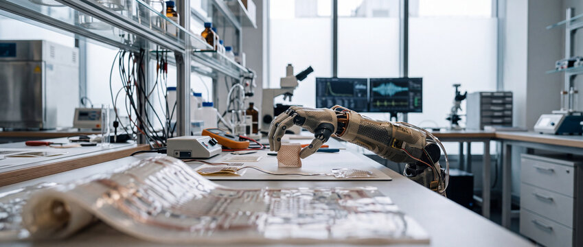 Robotic prosthetic arm in advanced research laboratory handling electronics and testing artificial intelligence systems
