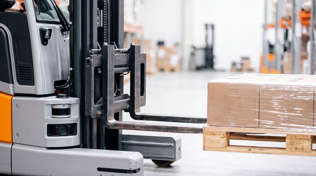 Electric warehouse forklift moving shrink-wrapped pallet of cardboard boxes in distribution center