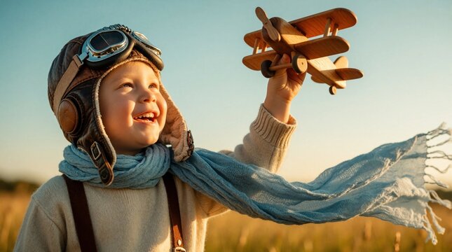Happy little boy wears vintage aviator hat with goggles, blue scarf. Holds wooden toy airplane in hand, playing outside during sunset. Young child dreams of flying high in sky, enjoying childhood