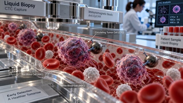 Medical laboratory background displaying captured circulating tumor cells ctc which appear larger and irregular next to normal blood cells