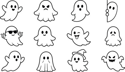 Fototapeta premium Set of cute cartoon ghosts with various facial expressions