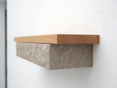 Minimalist architectural shelf mounted on a plain white wall combining a wooden plank and a stone bl